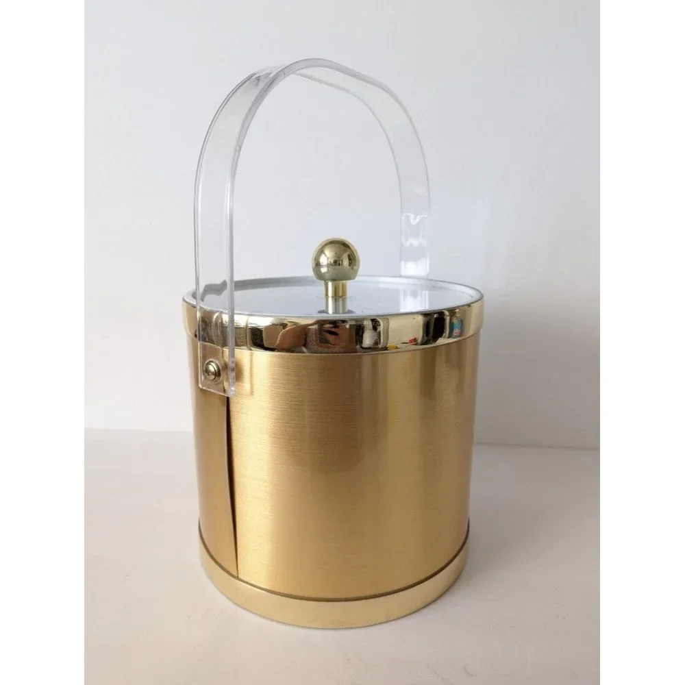 Vintage Ice Bucket Gold Hollywood Regency Acrylic Handle Clear Lid - Picture 3 of 9